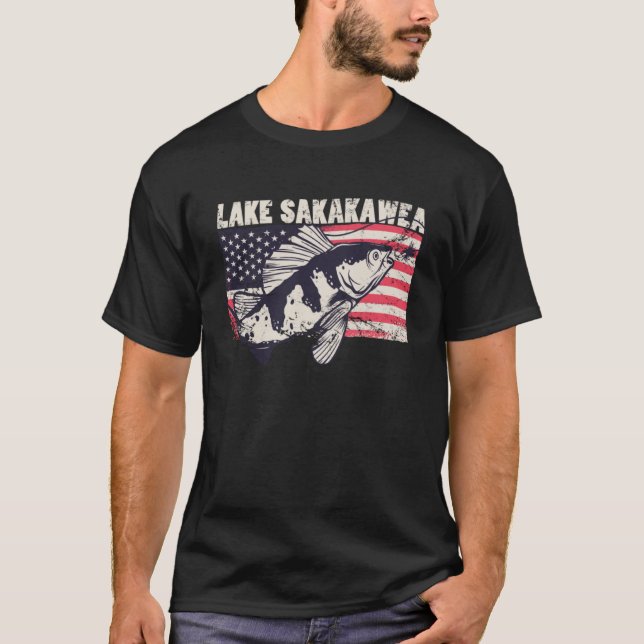 Lake Sakakawea American Flag Patriotic fishing the T-Shirt (Front)