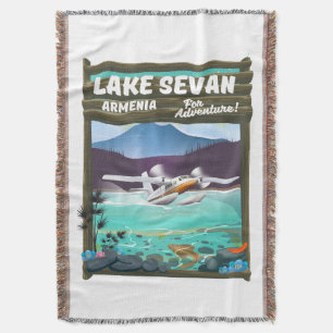 Lake Sevan Armenia vintage style travel poster Throw Blanket