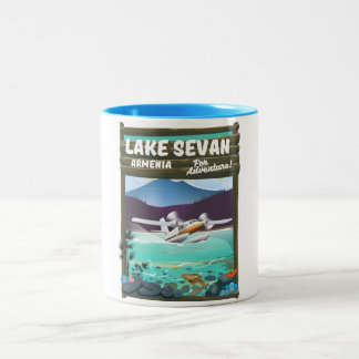 Lake Sevan Armenia vintage style travel poster Two-Tone Coffee Mug