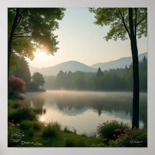 Lake Shore Emergence: Clearing Mist Revealing Land Poster