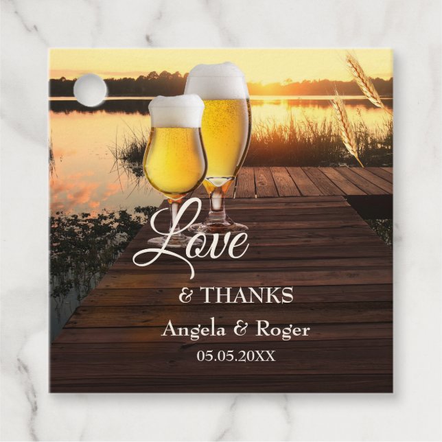 Lake Sunset Beer Wedding Favour Tag (Front)