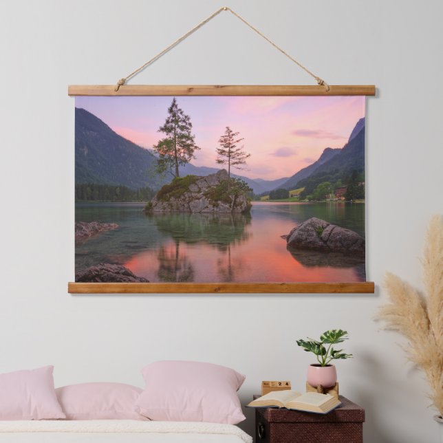 Lake Sunset With Trees, Rocks & Mountains Hanging Tapestry (Bedroom)