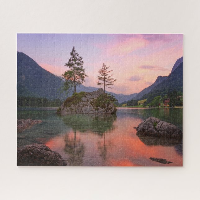 Lake Sunset With Trees, Rocks & Mountains Jigsaw Puzzle (Horizontal)