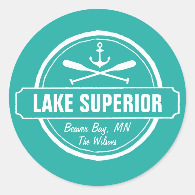 Lake Superior, custom town, name, anchor, paddles Classic Round Sticker (Front)