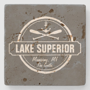 Lake Superior, custom town, name, anchor, paddles Stone Coaster