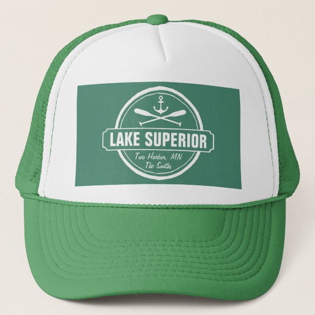 Lake Superior, custom town, name, anchor, paddles Trucker Hat (Front)