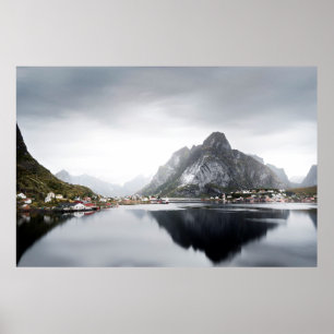 LAKE SURROUNDED BY HOUSES AND MOUNTAINS POSTER