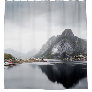 LAKE SURROUNDED BY HOUSES AND MOUNTAINS SHOWER CURTAIN