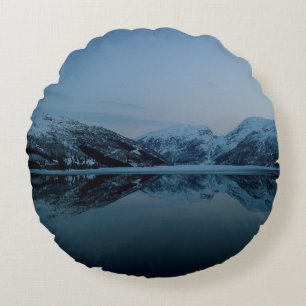 LAKE SURROUNDED BY MOUNTAINS ROUND CUSHION