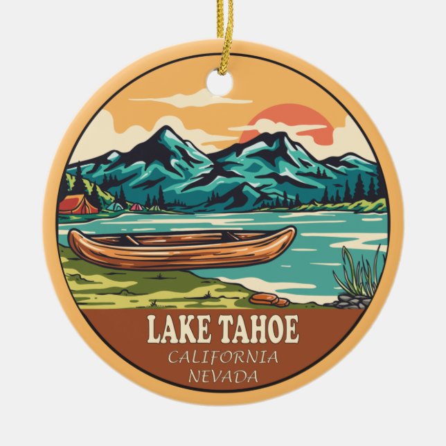 Lake Tahoe Boating Fishing Emblem Ceramic Tree Decoration (Front)