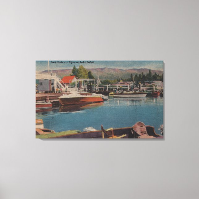 Lake Tahoe, CA - Boat Harbour at Bijou Wooden Canvas Print (Front)