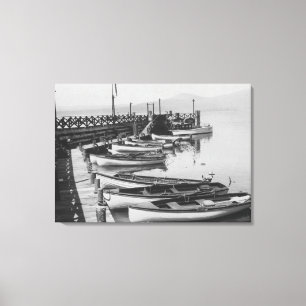 Lake Tahoe, CA - Wooden Boats along Dock Photo Canvas Print