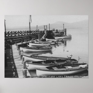 Lake Tahoe, CA - Wooden Boats along Dock Photo Poster
