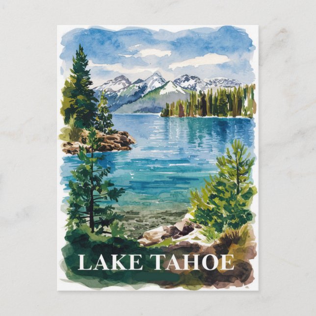 Lake Tahoe California Nevada Watercolor Painting Postcard (Front)