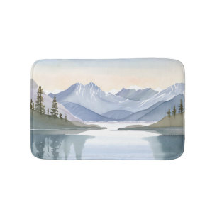 Lake Tahoe Mountains Watercolor Landscape Bath Mat