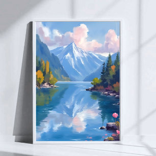 Lake Tahoe Mountains Watercolor Nature Painting Poster