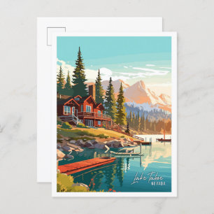 Lake Tahoe Nevada Art vintage travel illustration Postcard