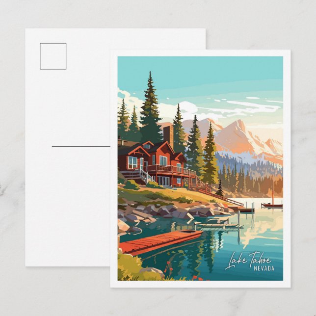 Lake Tahoe Nevada Art vintage travel illustration Postcard (Front/Back)