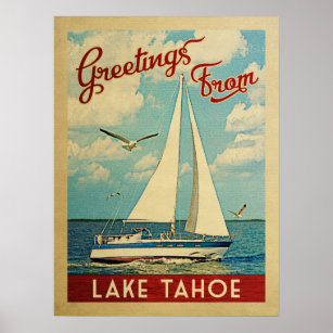 Lake Tahoe Poster Sailboat Vintage California