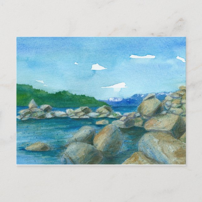Lake Tahoe Rocks Watercolor Landscape Painting Postcard (Front)