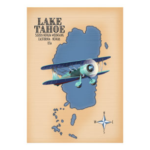 Lake Tahoe Sierra Nevada California Nevada USA map Photo Print