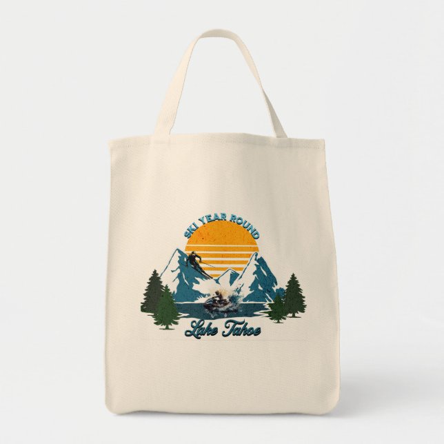 Lake Tahoe: Ski Year Round, Snow Ski and Water Ski Tote Bag (Front)