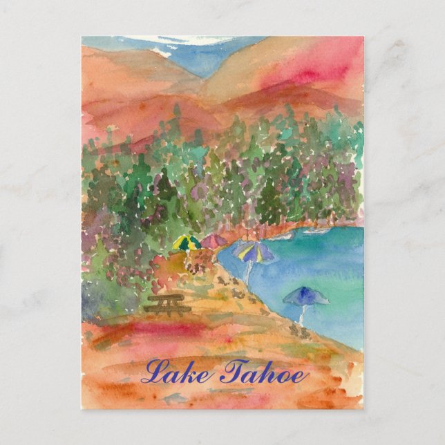 Lake Tahoe Summer Beach Umbrellas Mountains Postcard (Front)