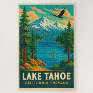 Lake Tahoe Vintage Travel (Green) Poster Jigsaw Puzzle