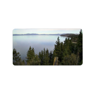 Lake Tahoe with pine trees Label