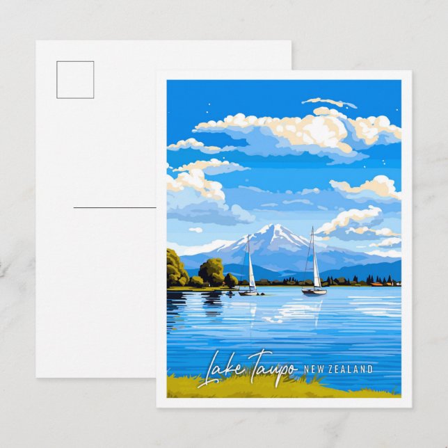 Lake Taupo New Zealand vintage travel illustration Postcard (Front/Back)