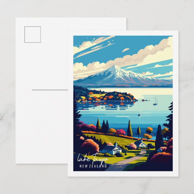 Lake Taupo New Zealand vintage travel illustration Postcard (Front/Back)