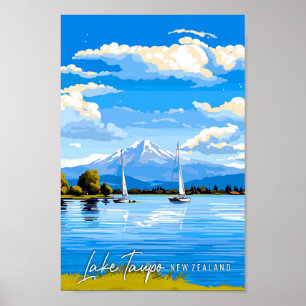 Lake Taupo New Zealand vintage travel illustration Poster