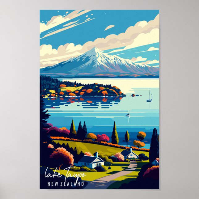 Lake Taupo New Zealand vintage travel illustration Poster (Front)