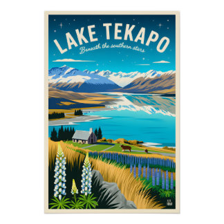 Lake Tekapo New Zealand Retro Travel Poster Art