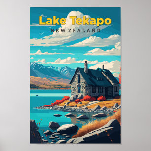 Lake Tekapo New Zealand Travel Art Vintage Poster