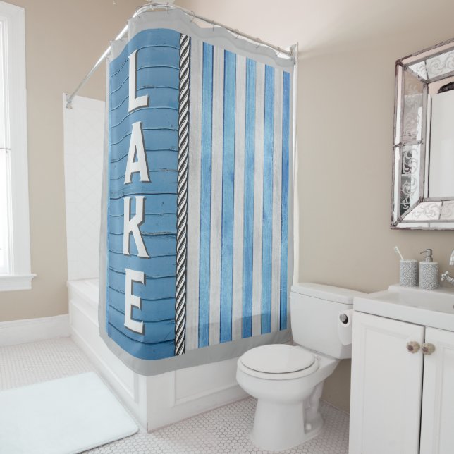 Lake-themed Blue and Grey Shower Curtain (In Situ)
