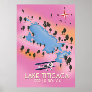 Lake Titicaca, peru, Bolivia lake map travel art Poster