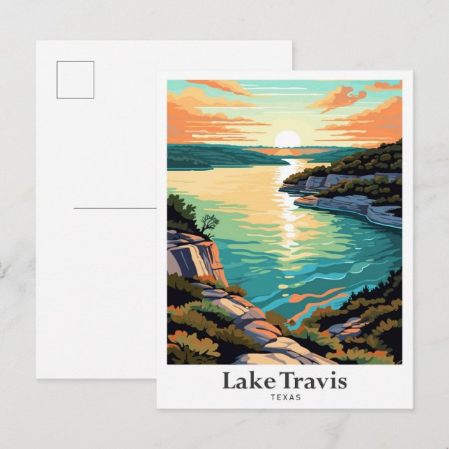 Lake Travis Texas Art Vintage Travel Illustration Postcard (Front/Back)