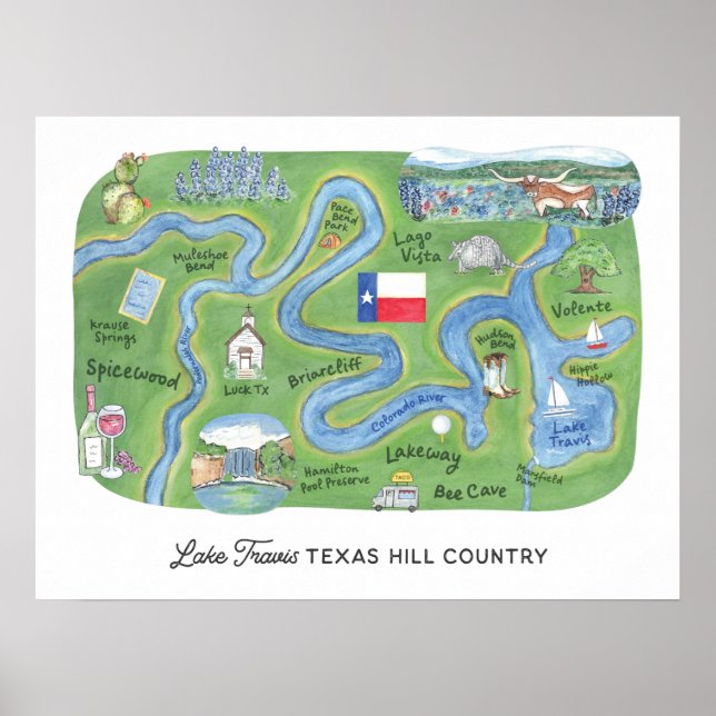Lake Travis Texas Hill Country Illustrated Map Poster (Front)