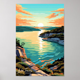 Lake Travis Texas Travel Art Vintage Illustration  Poster