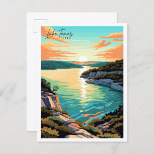 Lake Travis Texas USA vintage travel illustration Postcard