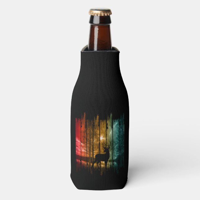 LAKE TREES DEER FOREST SUNSET BOTTLE COOLER (Bottle Front)