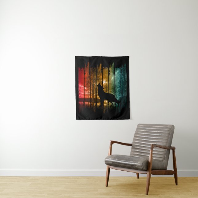 LAKE TREES WOLF HOWLING TAPESTRY (In Situ)