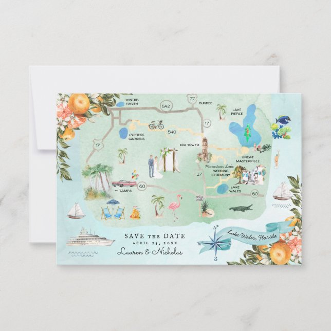 Lake Wales, FL | Destination Wedding Itinerary Map Invitation (Front)