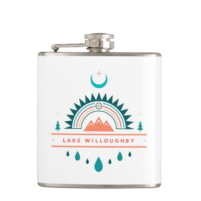 lake willoughby vermont boho rainbow moon hip flask (Front)