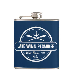 Lake Winnipesaukee NH custom town, name, anchor Hip Flask