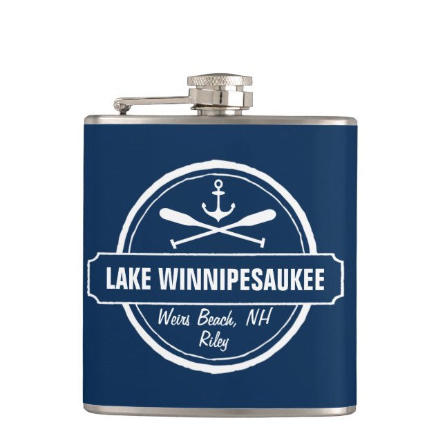 Lake Winnipesaukee NH custom town, name, anchor Hip Flask (Front)
