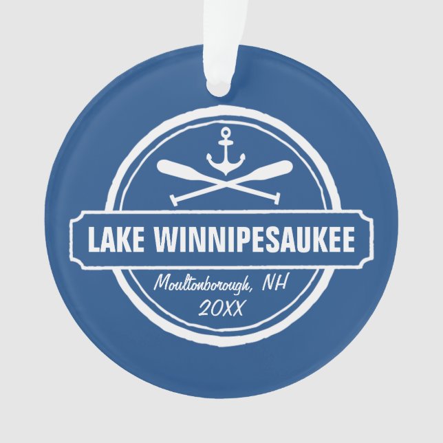 Lake Winnipesaukee NH custom town, name, anchor Ornament (Front)