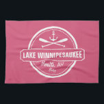 Lake Winnipesaukee NH custom town, name, anchor Tea Towel<br><div class="desc">Lake Winnipesaukee, New Hampshire nautical anchor design is personalised with your town (such as Moultonborough, Wolfeboro, Meredith, Alton, Gilford, Weirs Beach, etc.) and your name (or delete). This retro, vintage style design features a white circle, anchor, crisscrossed paddles and a bold banner that reads Lake Winnipesaukee. Perfect for the boating...</div>