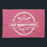 Lake Winnipesaukee NH custom town, name, anchor Tea Towel<br><div class="desc">Lake Winnipesaukee, New Hampshire nautical anchor design is personalised with your town (such as Moultonborough, Wolfeboro, Meredith, Alton, Gilford, Weirs Beach, etc.) and your name (or delete). This retro, vintage style design features a white circle, anchor, crisscrossed paddles and a bold banner that reads Lake Winnipesaukee. Perfect for the boating...</div>